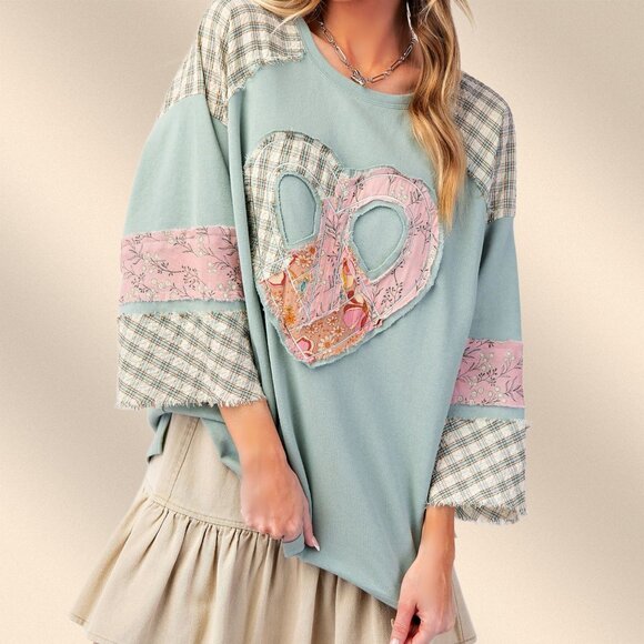 EASEL "Full Heart" Cotton Terry Mix Fabric & Print Embroidered Raw Frayed Edges - Picture 6 of 14